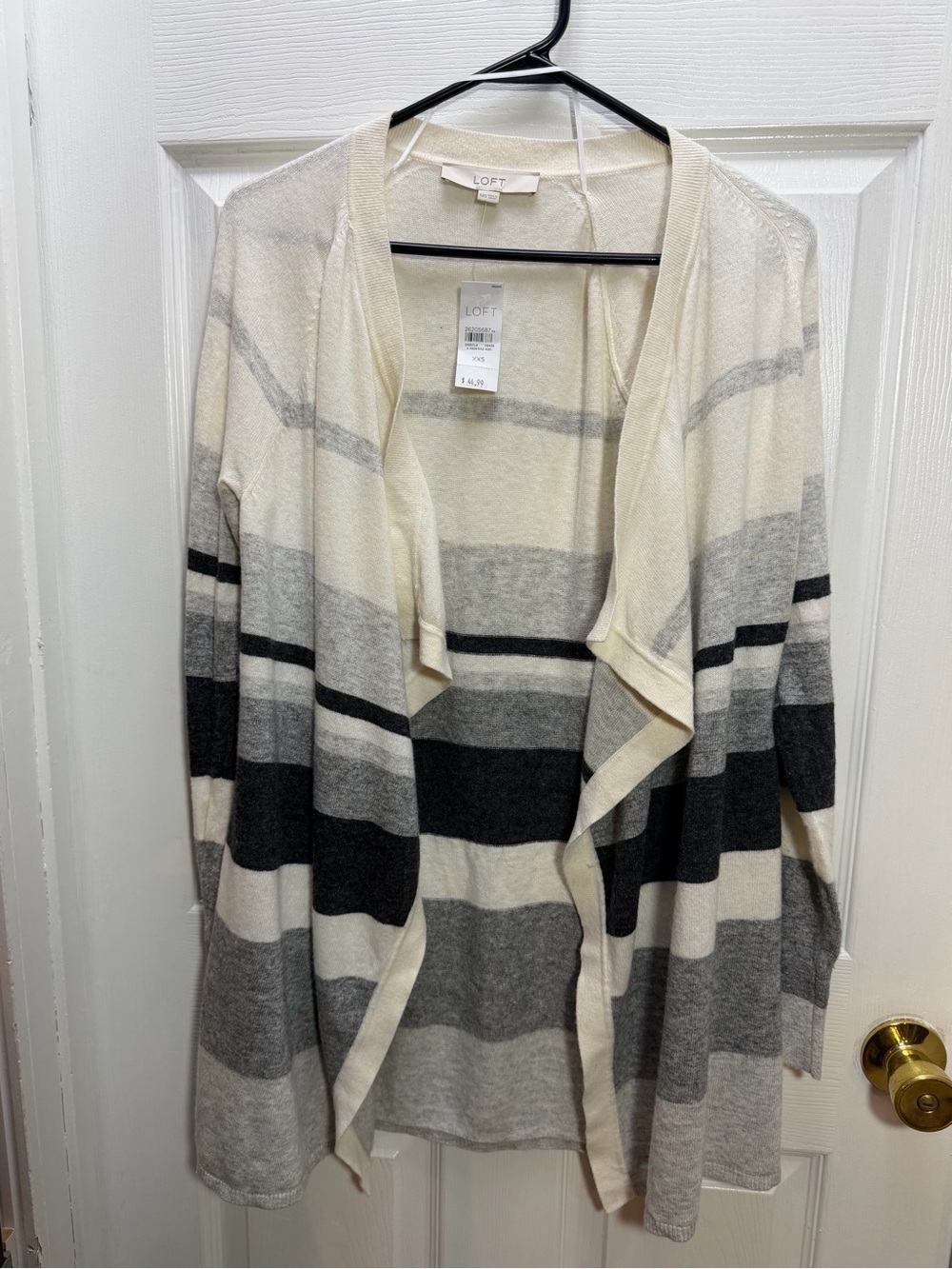 LOFT Cream, Gray and Black Striped Open Cardigan